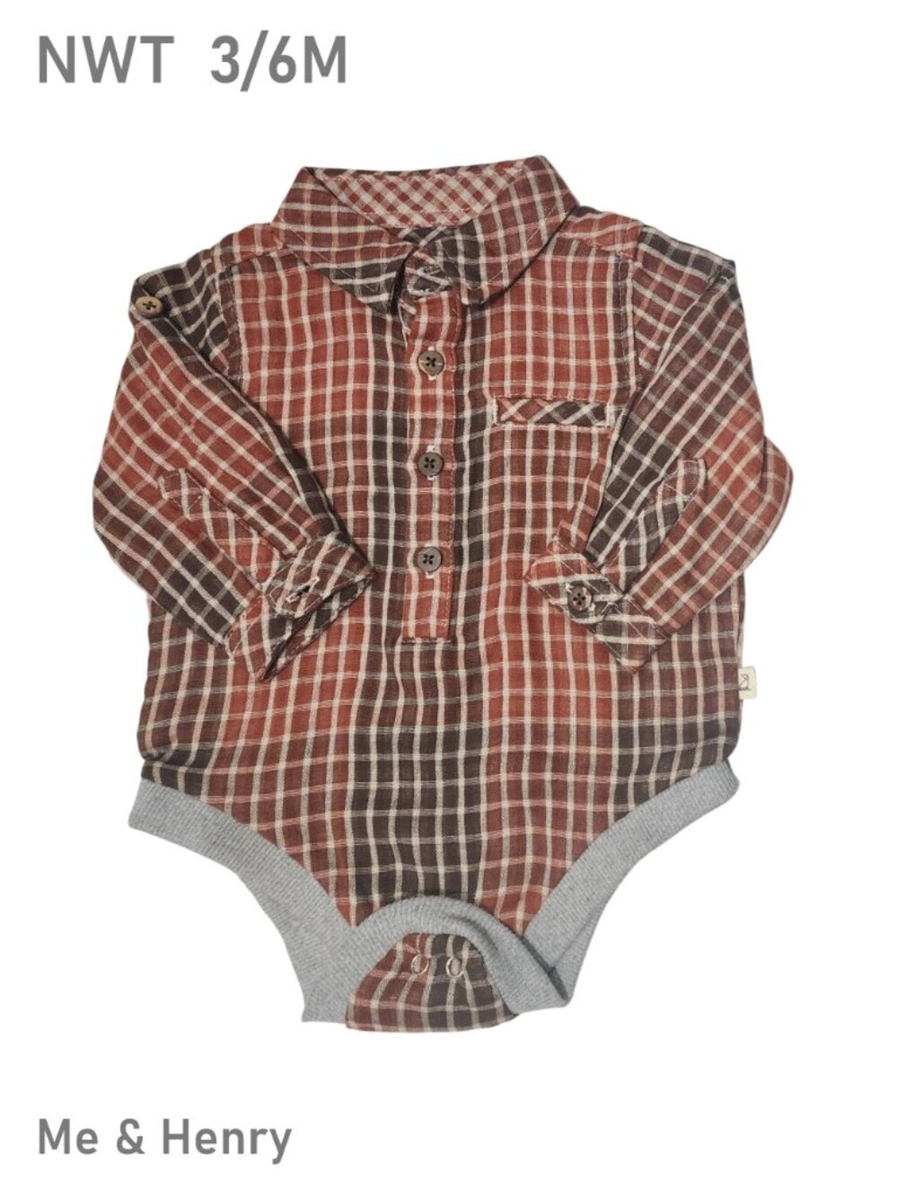 Me & Henry Red & Burgundy Woven Long Sleeve Bodysuit Size 3-6M